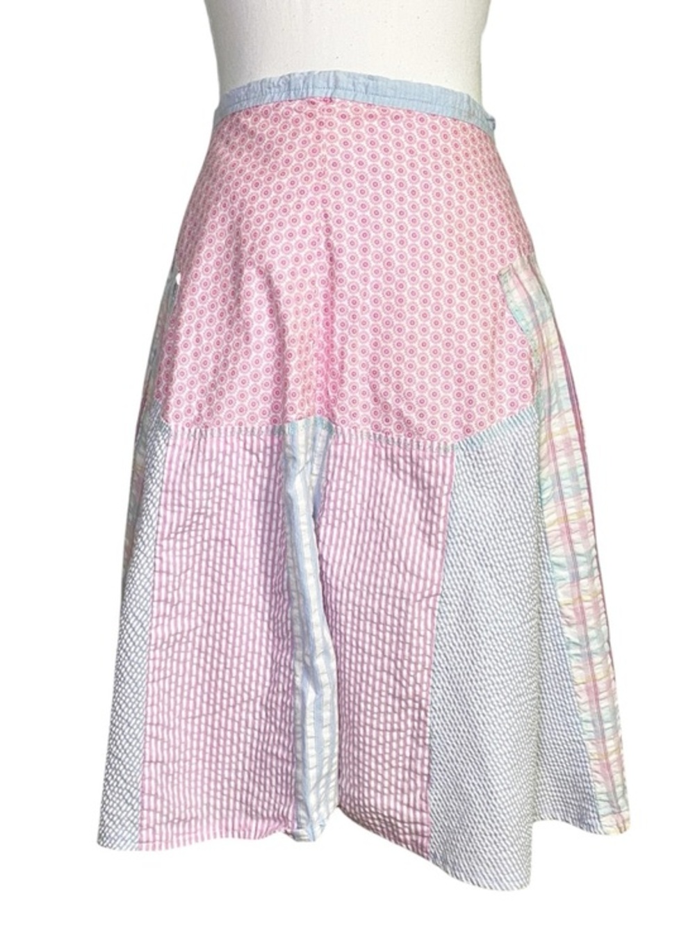 Pastel Patchwork Seersucker Midi Skirt/Cottagecore Floral & Plaid